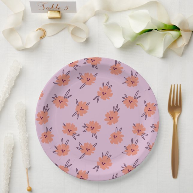 Floral Pink Flowers Repeating Pattern Cute Girly Paper Plate (Wedding)
