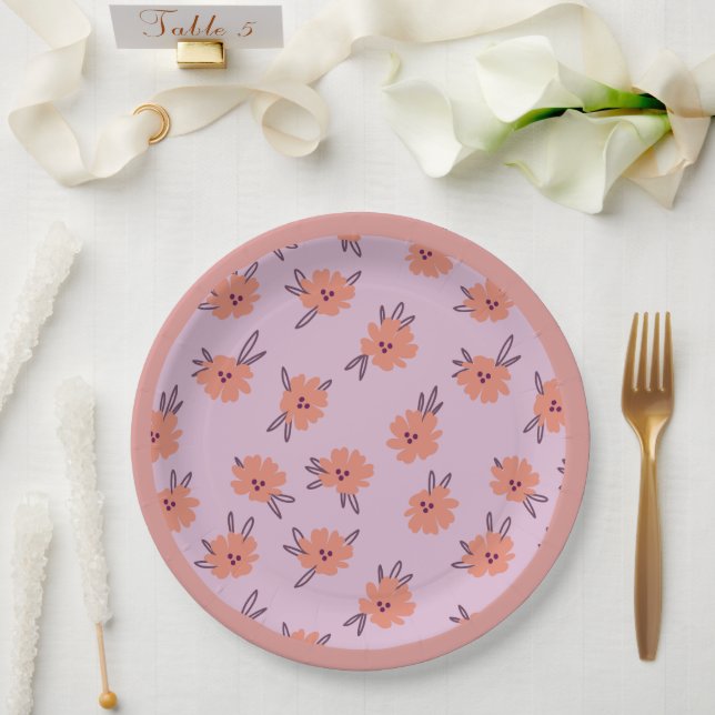 Floral Pink Flowers Repeating Pattern Cute Girly Paper Plate (Wedding)
