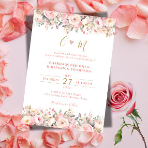 Floral Pink Frame Gold Monogram Wedding Invitation