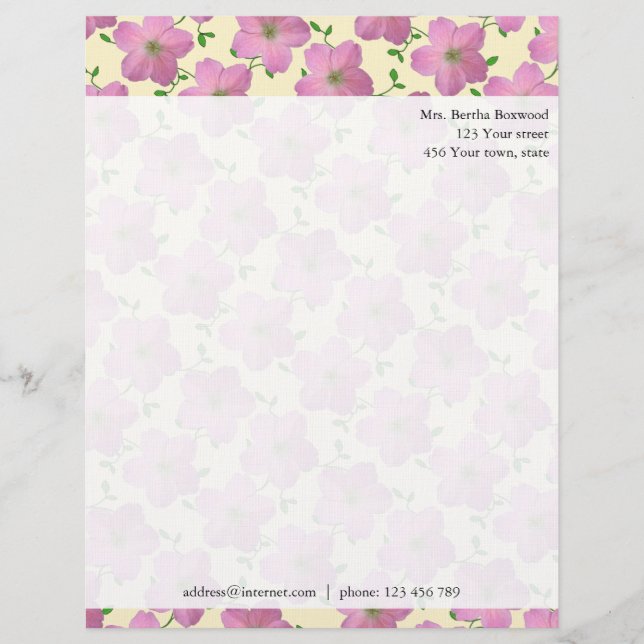 Floral Pink Garden Flowers Photo Custom Address Letterhead (Front)