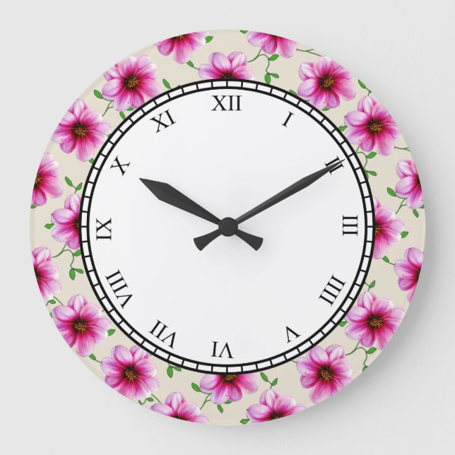 Floral Pink Garden Flowers Roman Digits Large Clock (Front)