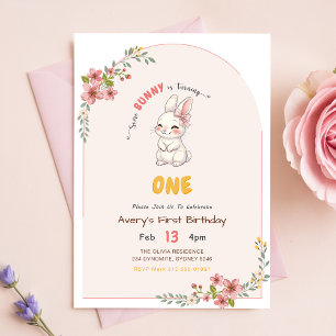 Floral Pink Gingham Rabbit Bunny Girl 1st Birthday Invitation