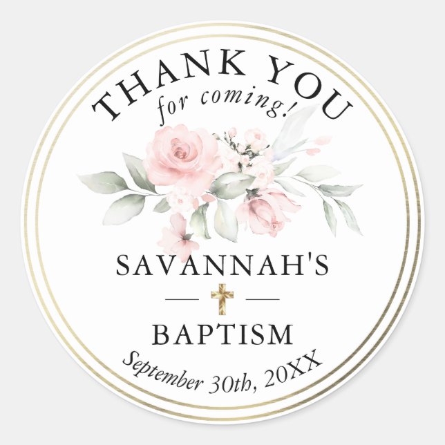 Floral Pink Girl Christening Baptism Thank You Cla Classic Round Sticker (Front)
