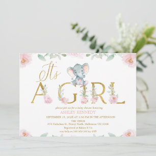 Floral Pink Girl Elephant Baby Shower Invitation