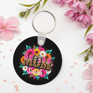 floral pink glitter mom keychain