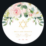 Floral Pink & Gold Bar Mitzvah Classic Round Sticker<br><div class="desc">These personalized stickers can be used on stationery,  favours or anything you need for your daughters Bat Mitzvah. Design features watercolor pink floral arrangements with gold dots and a star of David. Matching items are available.</div>