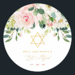Floral Pink & Gold Bar Mitzvah Classic Round Sticker<br><div class="desc">These personalized stickers can be used on stationery,  favours or anything you need for your daughters Bat Mitzvah. Design features watercolor pink floral arrangements with gold dots and a star of David. Matching items are available.</div>