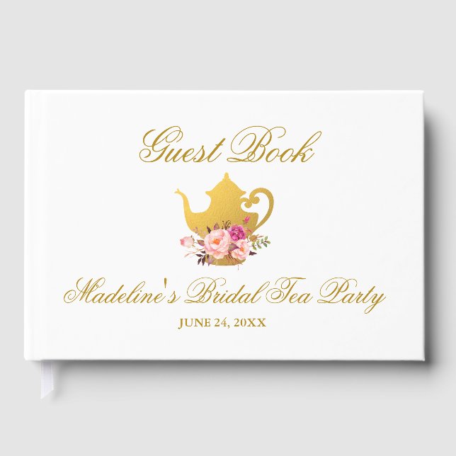 Floral Pink Gold Bridal Shower Tea Party Guest Book (Front)