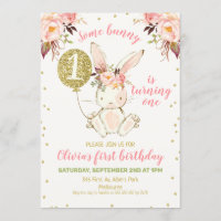 Floral Pink Gold Bunny 1er Invitation anniversaire