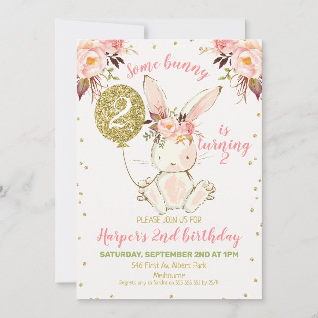 Floral Pink Gold Bunny Invitation Anniversaire (Devant)