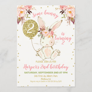 Floral Pink Gold Bunny Invitation Anniversaire