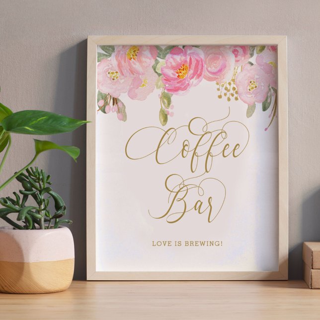 Floral Pink Gold Calligraphy Coffee Bar Sign (Coffee Bar Sign from my Pink and Gold Watercolor Floral Collection)