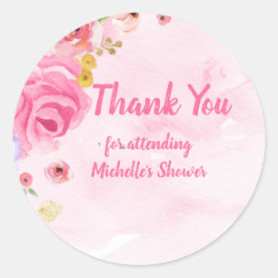 Floral Pink Gold Girls Watercolor Thank You Classic Round Sticker