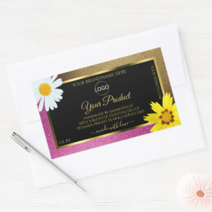 Floral Pink Gold Glitter Black Product Labels Logo