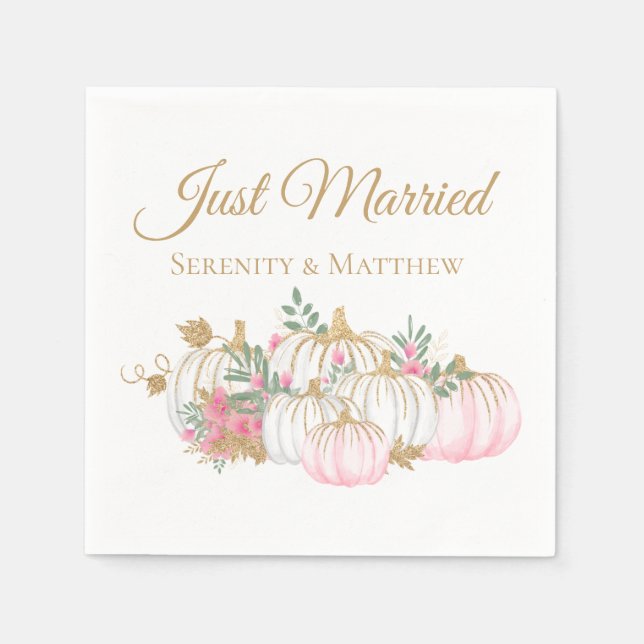 Floral Pink Gold Pumpkin Just Married Fall Wedding Napkin (Front)