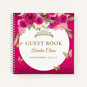 Floral Pink Gold Tiara Butterfly  Guest Book
