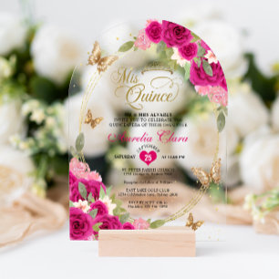 Floral Pink Gold Tiara Butterfly Quinceañera Arch Acrylic Invitations