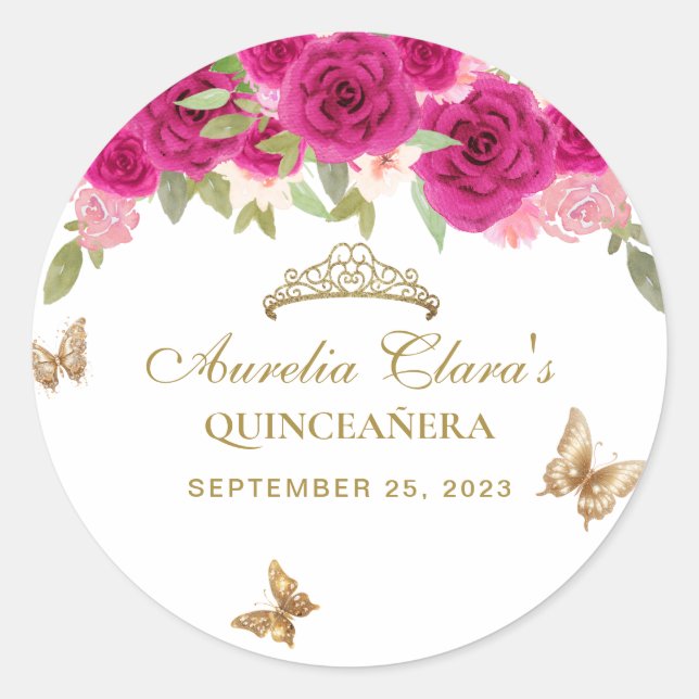 Floral Pink Gold Tiara Butterfly Quinceañera Classic Round Sticker (Front)