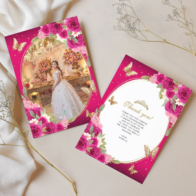 Floral Pink Gold Tiara Butterfly Quinceañera Photo Thank You Card (Creator Uploaded)