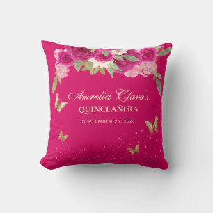 Floral Pink Gold Tiara Butterfly Quinceanera Throw Pillow