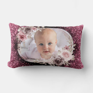 Floral Pink Gold Two Photo Baby Girl cute Lumbar Pillow