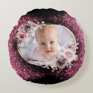 Floral Pink Gold Two Photo Baby Girl cute Round Pillow