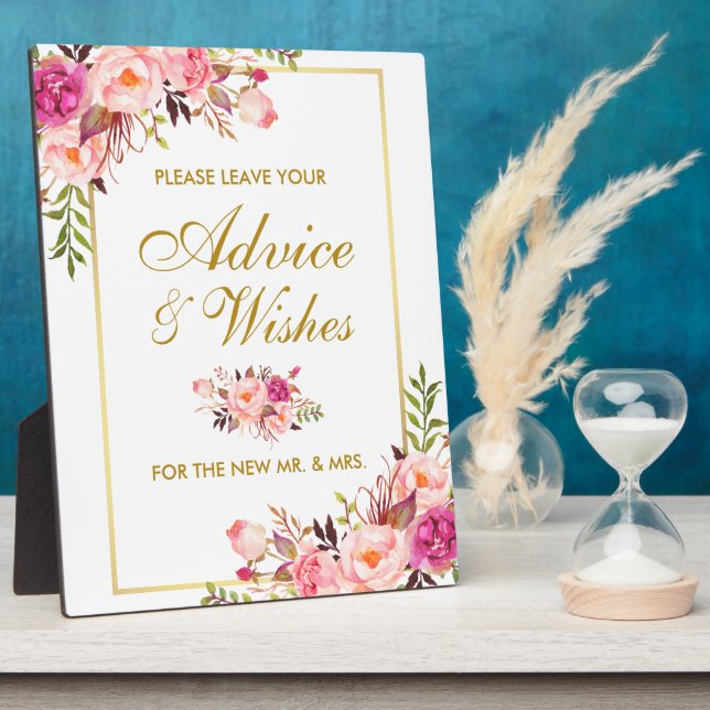 Floral Pink Gold Wedding Advice and Wishes Plaque (Side)