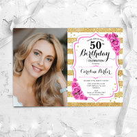 Floral Pink Gold White Photo 50th Birthday