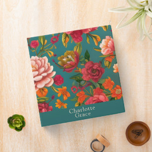 Floral pink green orange and teal personalized binder