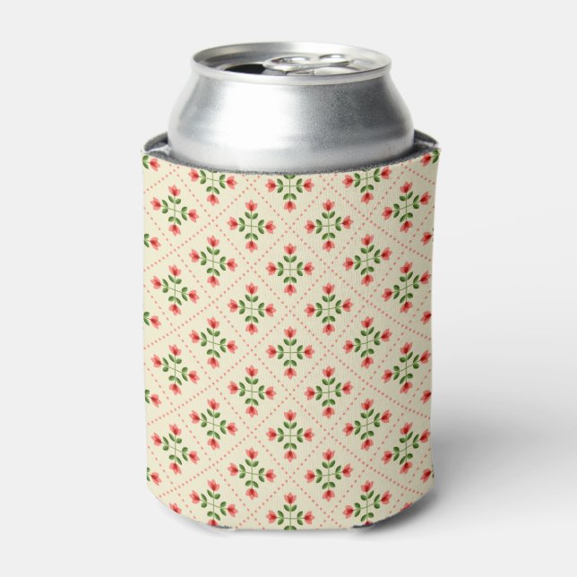 Floral Pink & Green Quilt Folk Art Pattern Can Cooler (Can Front)