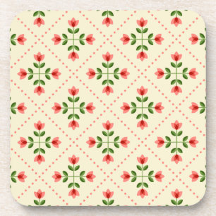 Floral Pink & Green Quilt Folk Art Pattern Coaster
