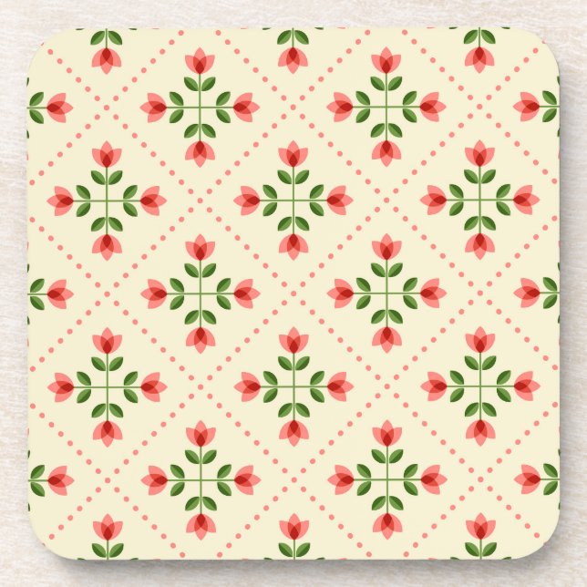 Floral Pink & Green Quilt Folk Art Pattern Coaster (Front)