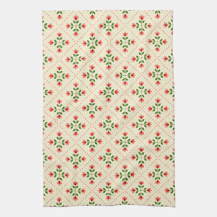 Floral Pink & Green Quilt Folk Art Pattern Kitchen Towel