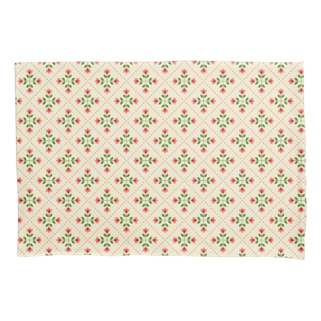 Floral Pink & Green Quilt Folk Art Pattern Pillowcase (Front-Left)