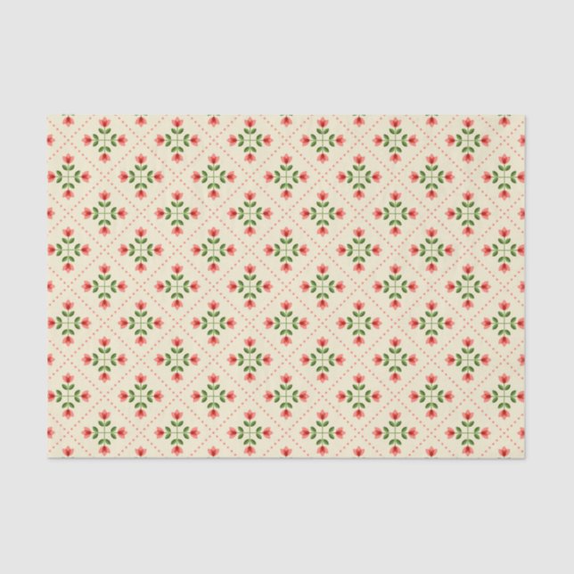 Floral Pink & Green Quilt Folk Art Pattern Tissue Paper (Front)