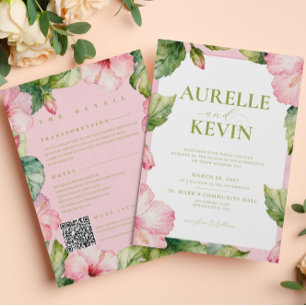 Floral Pink Green Summer Watercolor QRcode Wedding Invitation