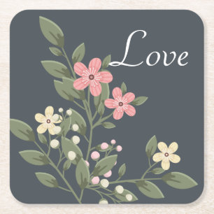 Floral Pink & Grey Flowers Wedding Grey Love Square Paper Coaster