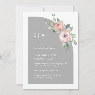 Floral Pink & Grey Minimalist Monogram Half Arch  Invitation
