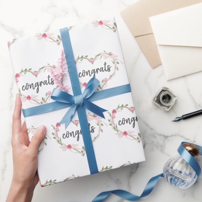 Floral Pink Heart Wreath Congrats Wrapping Paper (Gifting)