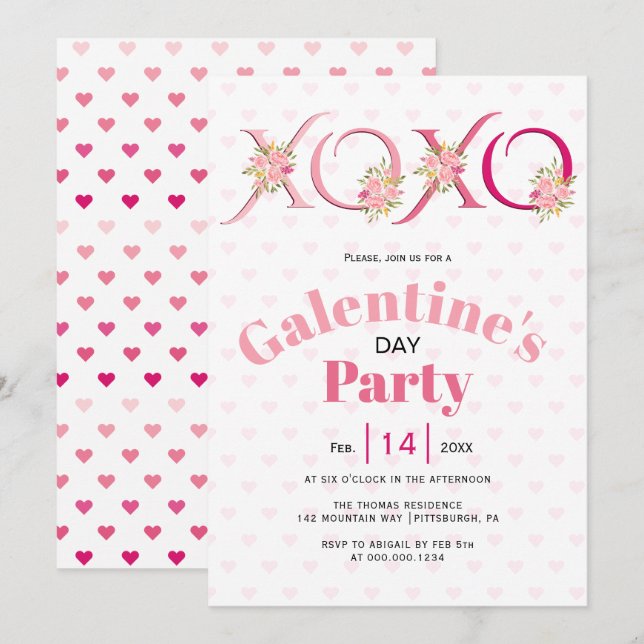 Floral pink HOHO hearts Galentines Day party Invitation (Front/Back)