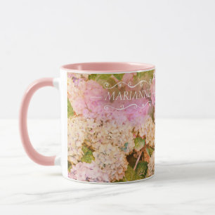 Floral Pink Hydrangea Monogram Name Script Mug