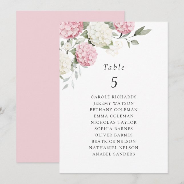 Floral Pink Hydrangea Table Seating Chart Card (Front/Back)