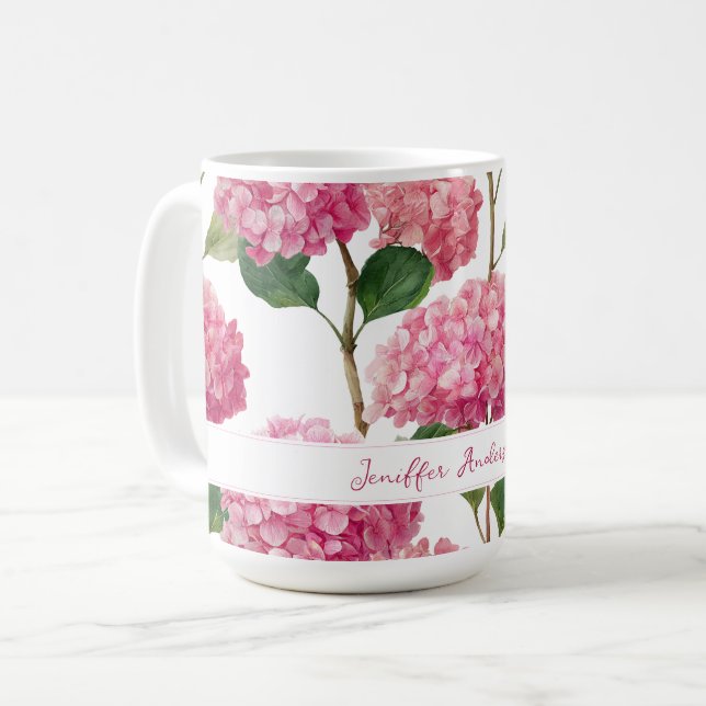 Floral Pink Hydrangea with Custom Name Coffee Mug (Front Left)