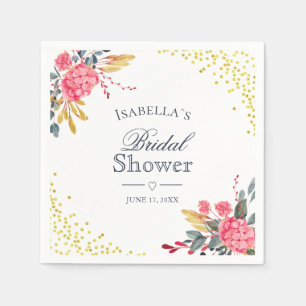 Floral Pink Hydrangeas Faux Gold Bridal Shower Napkin