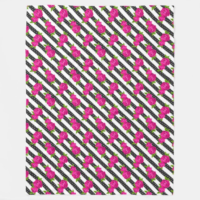 Floral Pink in a Vertical Stripes Fleece Blanket (Front)