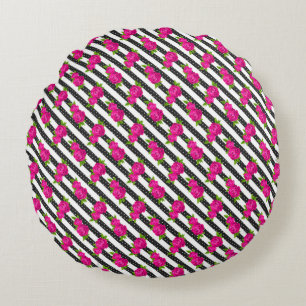 Floral Pink in a Vertical Stripes Round Pillow
