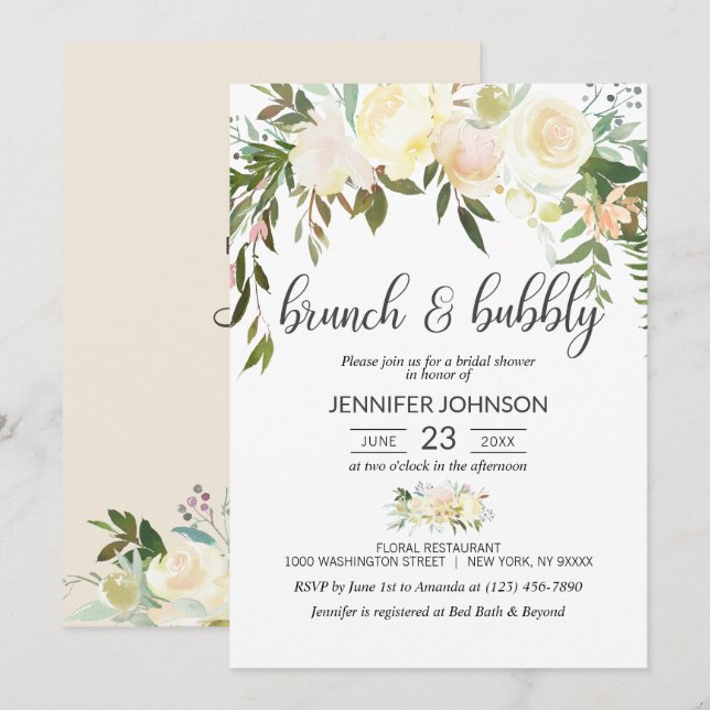 Floral Pink Ivory Brunch & Bubbly Bridal Shower Invitation (Front/Back)