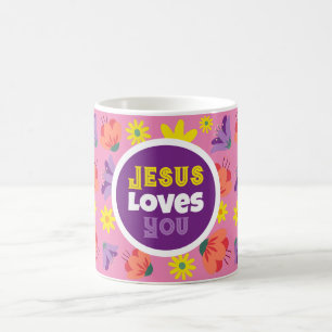Floral Pink Jesus Loves You Coffee Mug