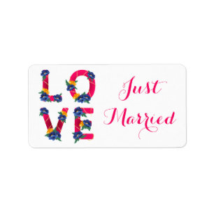 Floral Pink Just Married Wedding Announcement Label