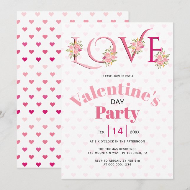 Floral pink LOVE hearts Valentines Day party Invitation (Front/Back)